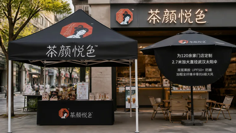茶颜悦色武汉区域茶饮店遮阳伞、文创伞与活动帐篷定制案例项目图片
