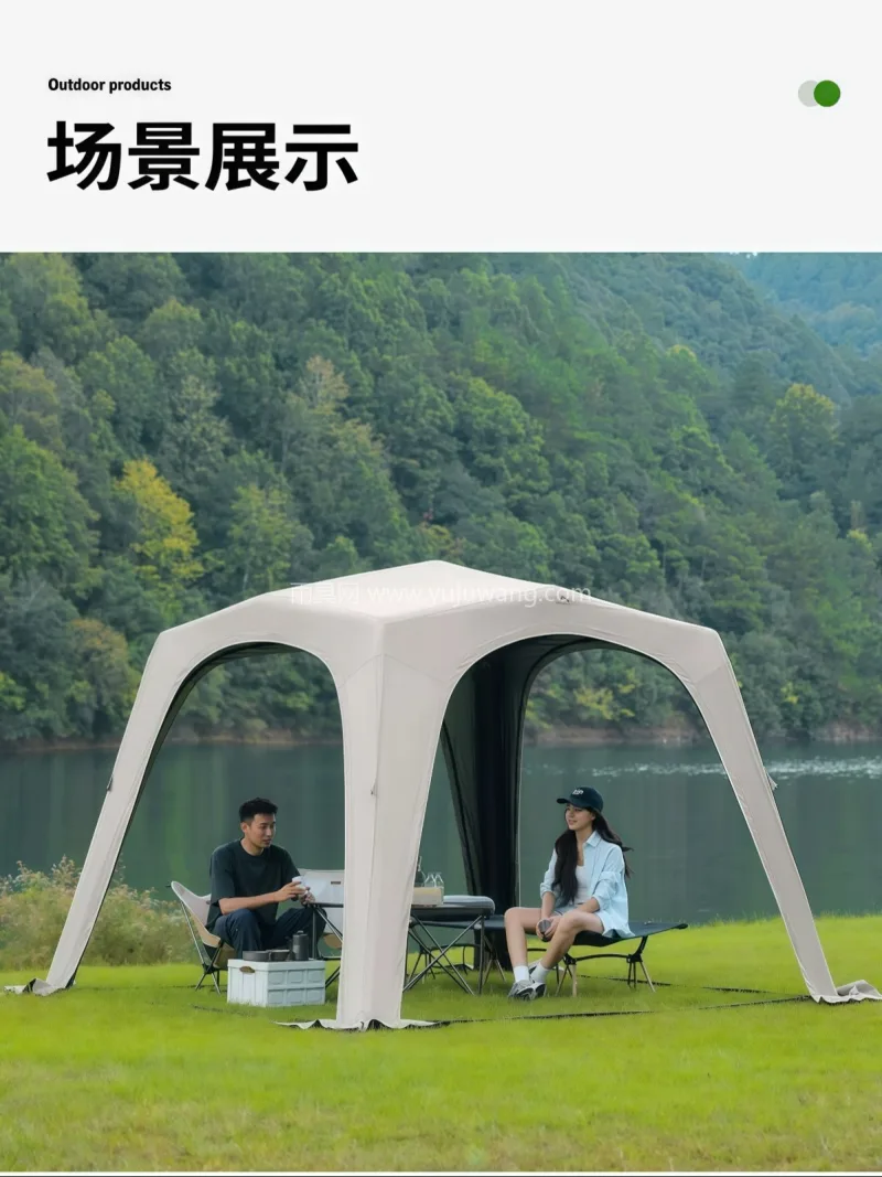钛黑胶抗撕裂格子牛津布 · 钛银胶抗撕裂 本款钛黑胶自动充气穹顶天幕帐篷，由武汉本 - 详情图