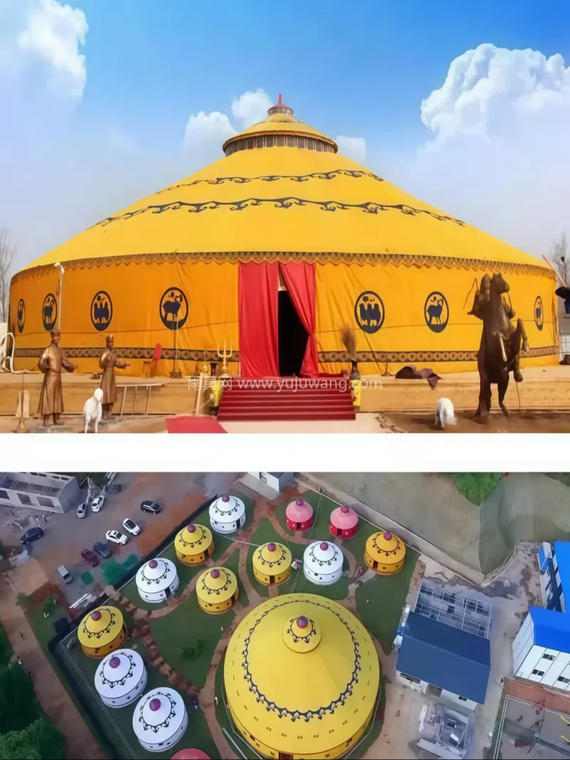 钢支架 · 断桥铝落地窗 · 牛津布材质 本款户外蒙古包帐篷由武汉本土大型雨伞供应 - 详情图