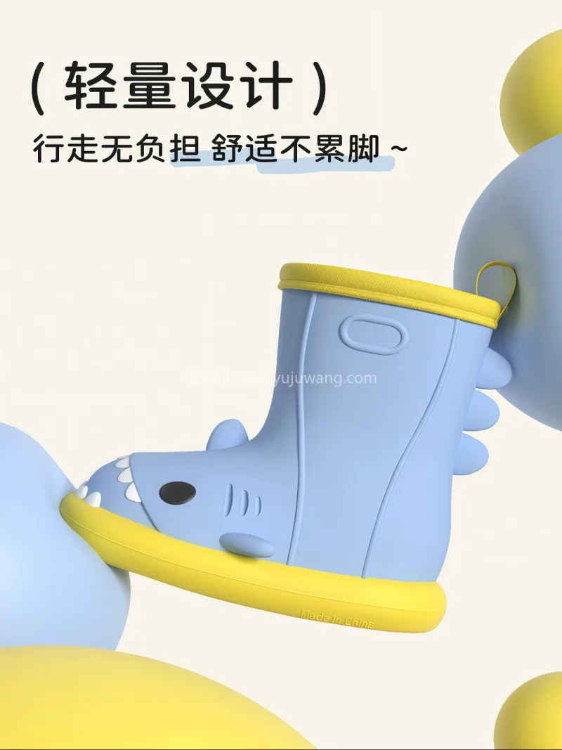 PVC材质 · 凹凸纹理鞋底 · 撞色包 武汉大型雨具供应链供货小鲨鱼儿童雨鞋，男 - 详情图
