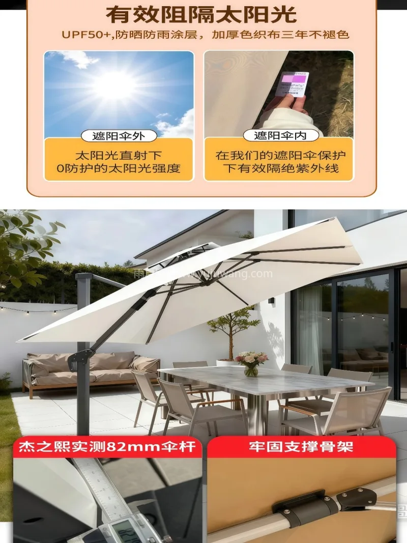 伞面280g色织布 · 电镀碳钢伞杆 · 武汉雨具供应链服务，专业生产户外罗马遮阳 - 详情图
