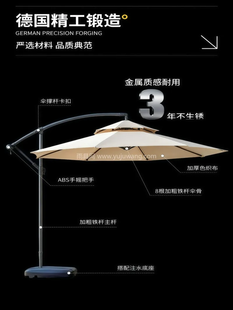 伞面加厚涤纶牛津布 · 加粗金属伞骨 · 武汉雨具供应链服务，专业生产户外罗马伞与 - 详情图