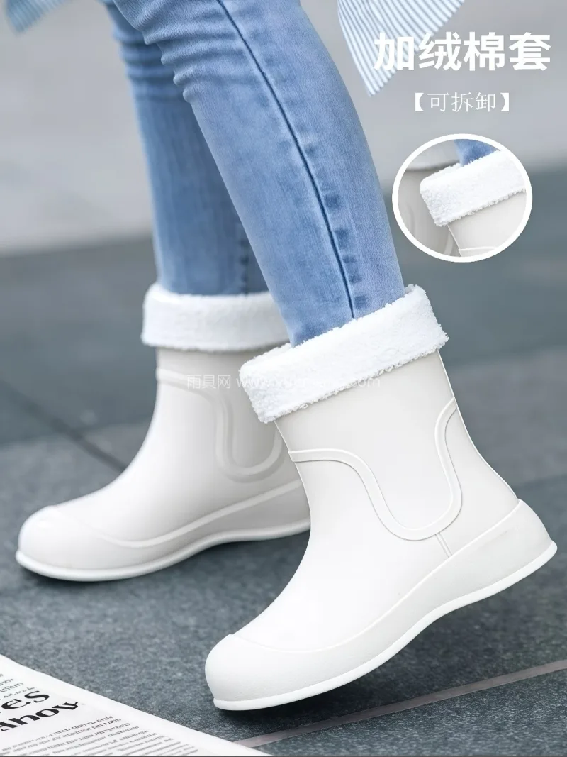 一体成型 · 可拆卸加绒棉套 · PVC 武汉大型雨具供应链供货时尚短筒女士雨鞋， - 详情图