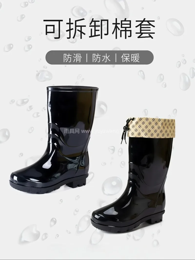 PVC塑料 · 加厚鞋底 · 反光设计 这款女士夹棉保暖雨靴，分为短筒、中筒两种 - 详情图
