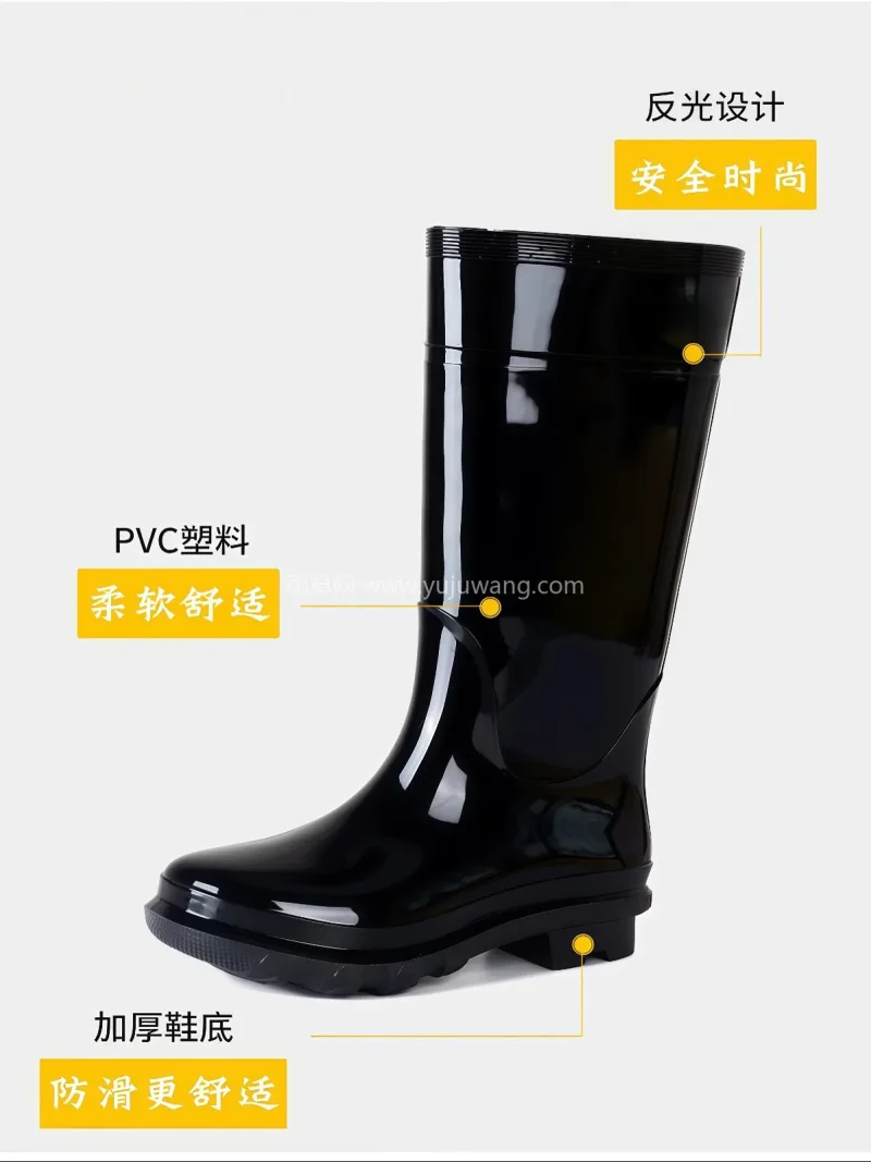 PVC塑料 · 加厚鞋底 · 反光设计 这款女士夹棉保暖雨靴，分为短筒、中筒两种 - 详情图