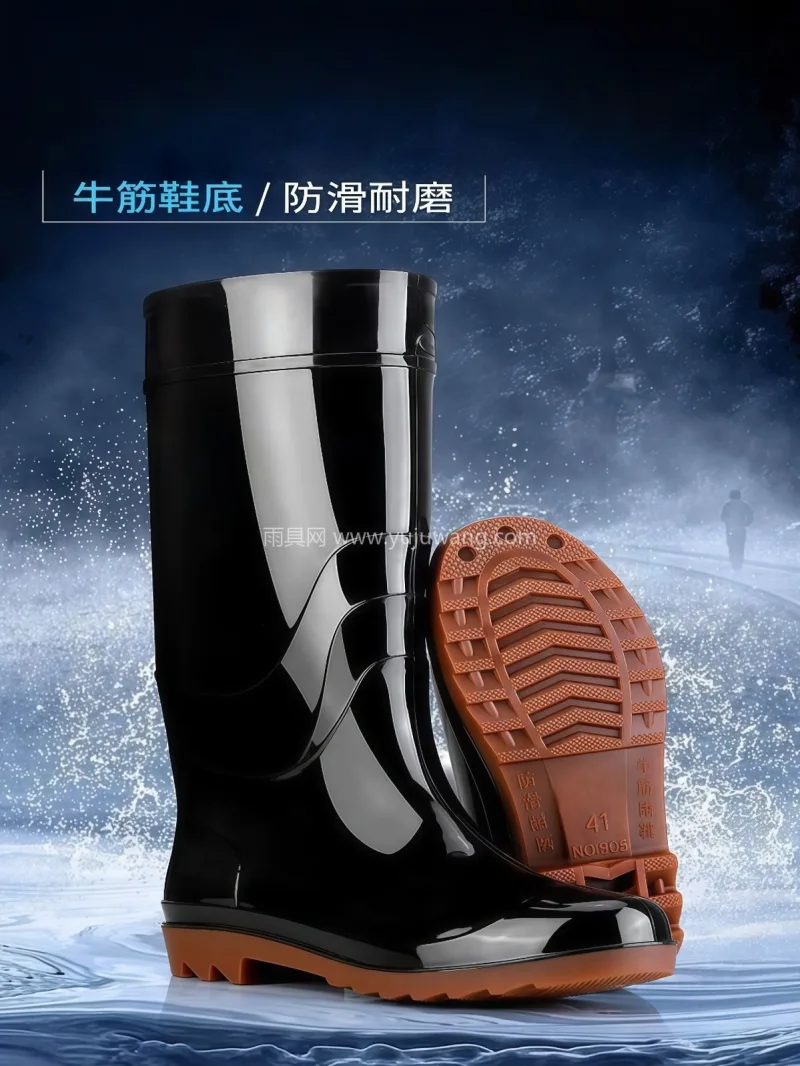 牛筋鞋底 · 一体成型 · 优质PVC材 这款男士高筒加厚劳保雨靴，甄选优质橡胶材 - 详情图