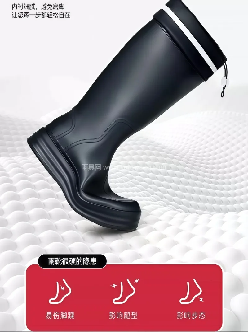PVC材质 · 橡胶鞋底 · 一体成型 本款女款防水防滑雨鞋，为武汉大型专业雨具 - 详情图