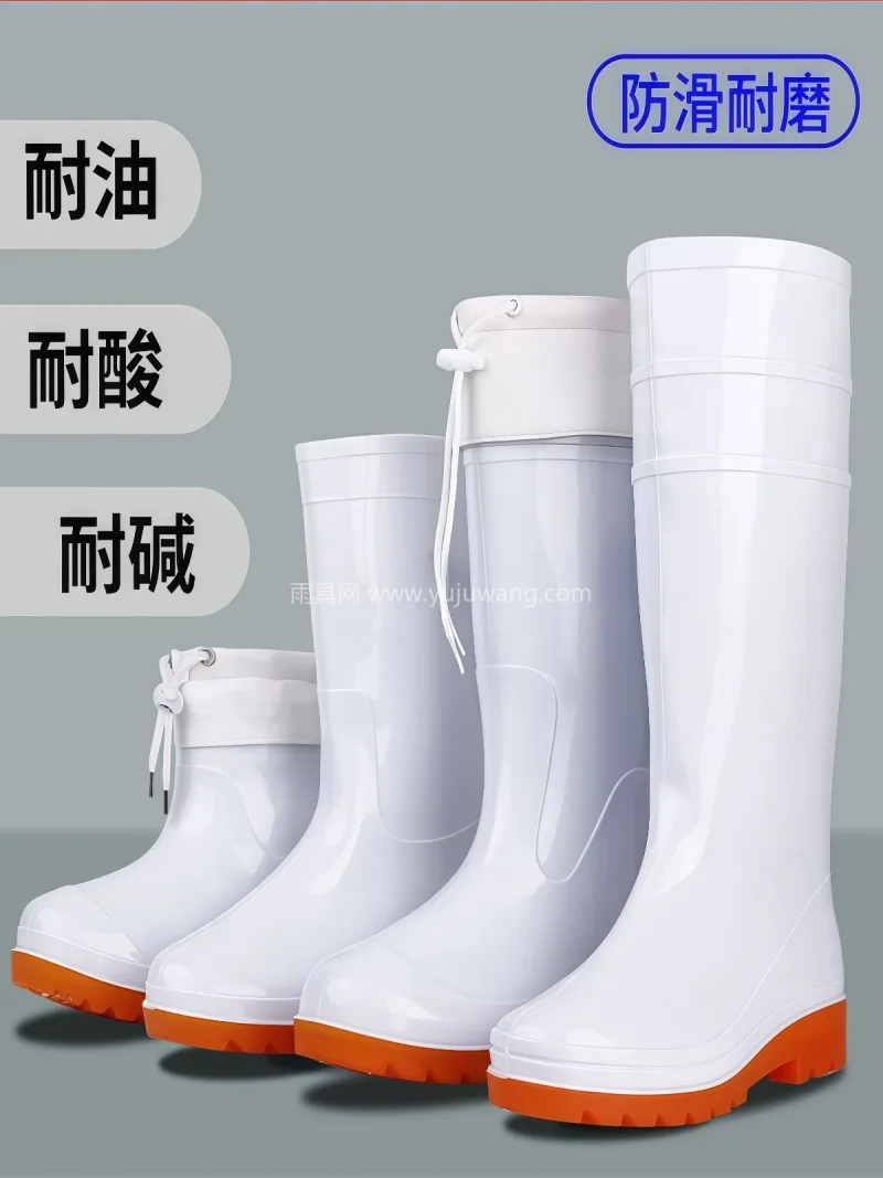 束口设计 · 加厚贴皮 · 加绒可拆卸 本款大码白色食品厂专用雨鞋，为武汉大型专 - 详情图