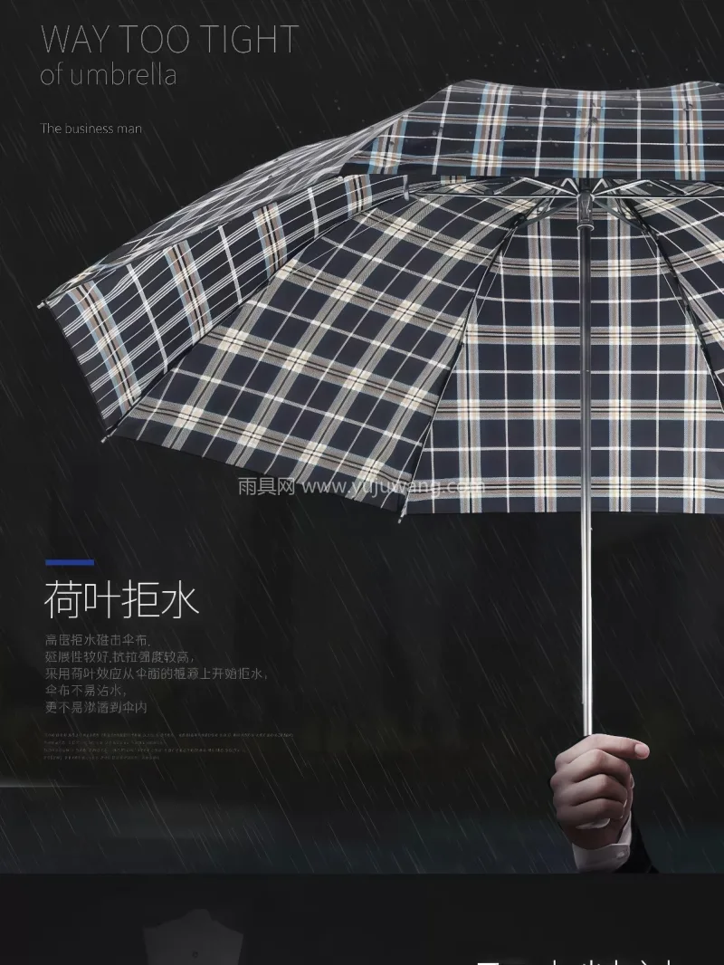 加厚黑胶防晒图层 · 导流圆润伞珠 ·  本品为格纹简约款晴雨两用伞，武汉本土大型 - 详情图