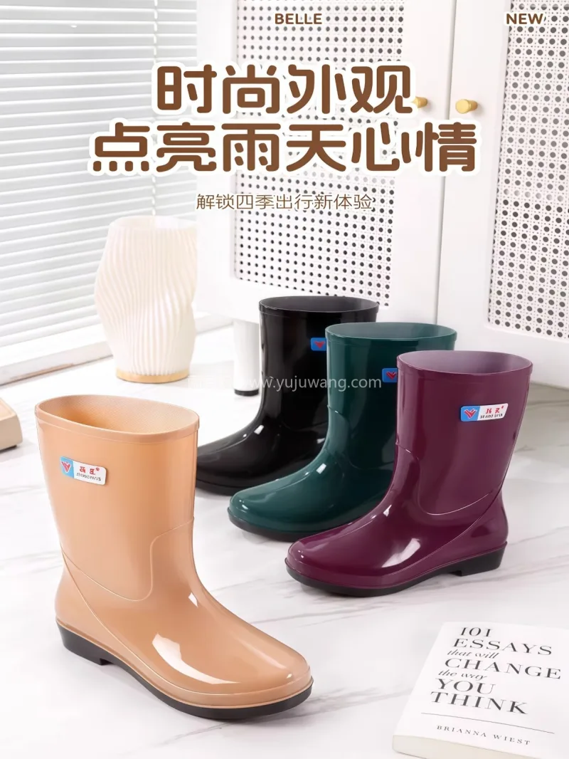 加厚防滑 · 柔软舒适 · 防水防油 武汉大型专业雨具供应链供货女士中筒雨靴， - 详情图