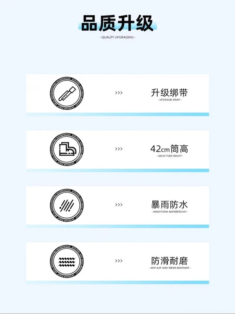 升级绑带 · 暴雨防水 · 防滑耐磨 · 武汉专业雨具厂家匠心打造男女通用高筒雨靴 - 详情图