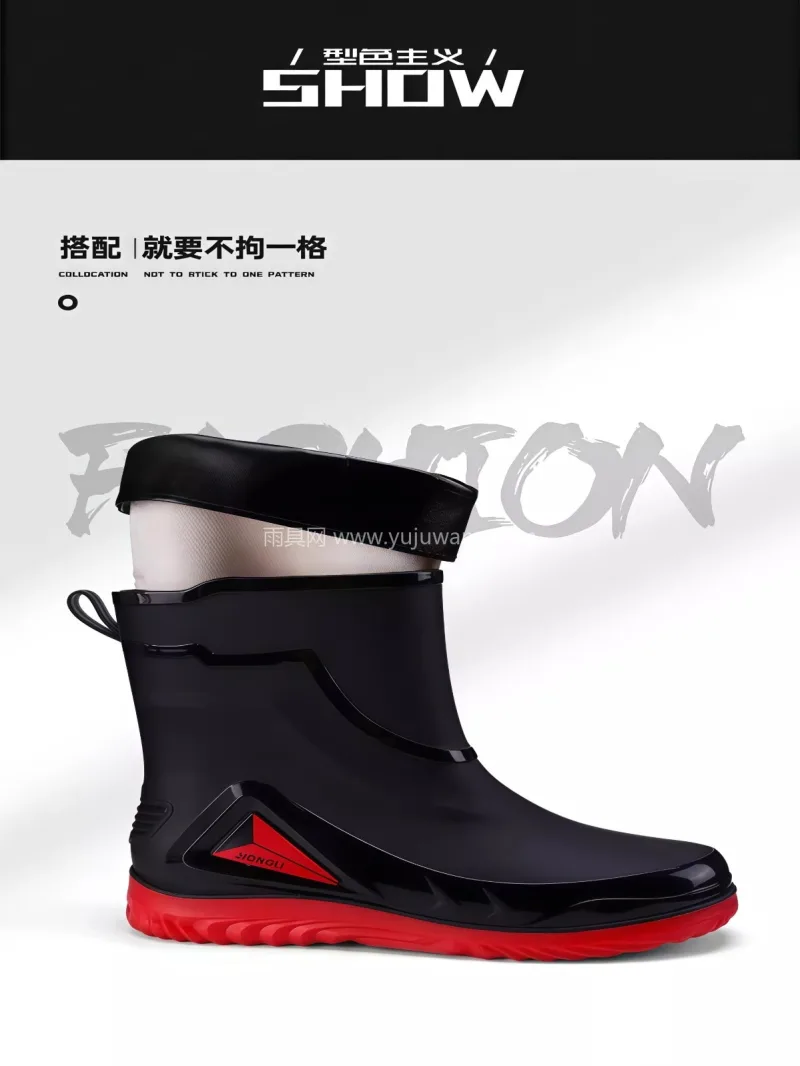 轻便舒适 · PVC材质 · 防滑鞋底  武汉专业雨具厂家推出男士束口雨靴，平底轻 - 详情图