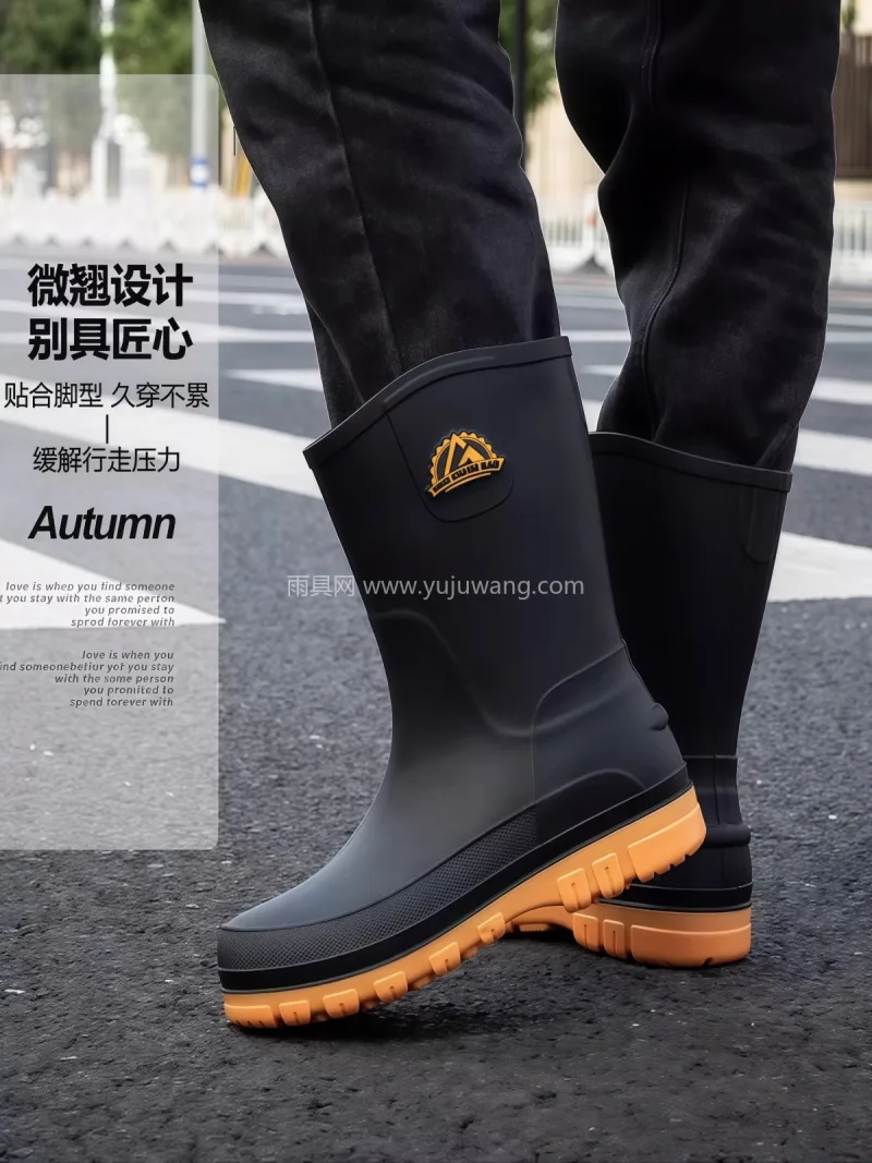 防水鞋面 · 干燥舒适 · 防滑耐磨 · 武汉专业雨具厂家推出德系男士中筒雨鞋，鞋 - 详情图