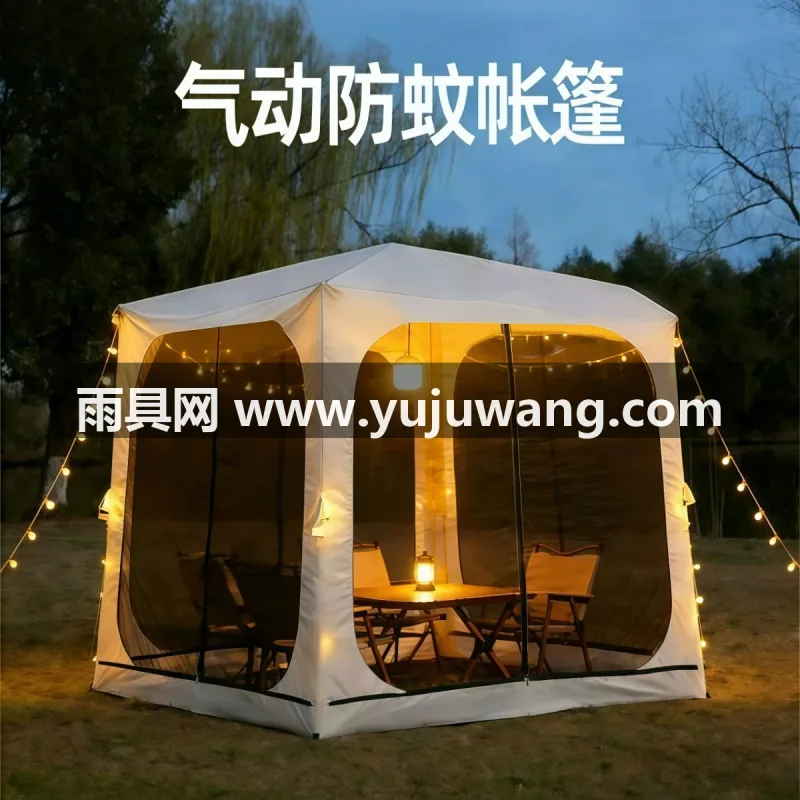 150D牛津布 · 网纱 本款自动充气穹顶天幕帐篷，由武汉本土大型专业制伞制