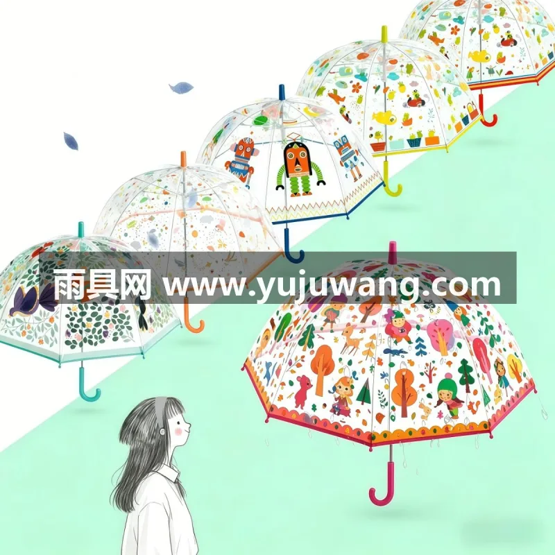 碰击布+玻纤 · 高密防水 本款儿童透明雨伞由武汉雨具供应链服务专业生产，专为