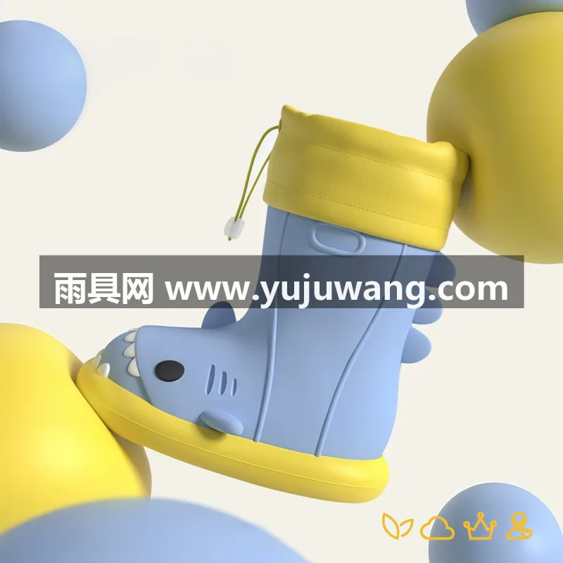 PVC材质 · 凹凸纹理鞋底 · 撞色包边 武汉大型雨具供应链供货小鲨鱼儿童雨鞋，男孩女童通用
