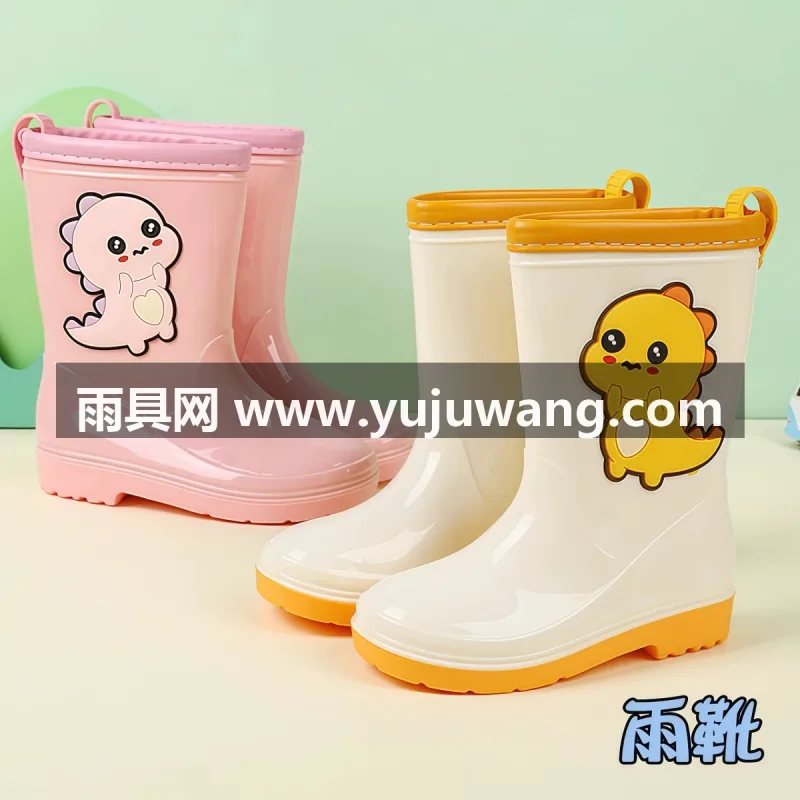 一体成型 · 网布内里 · 加厚大底 · PVC材质 武汉大型雨具供应链供货中筒儿童雨鞋，卡通恐龙造型萌
