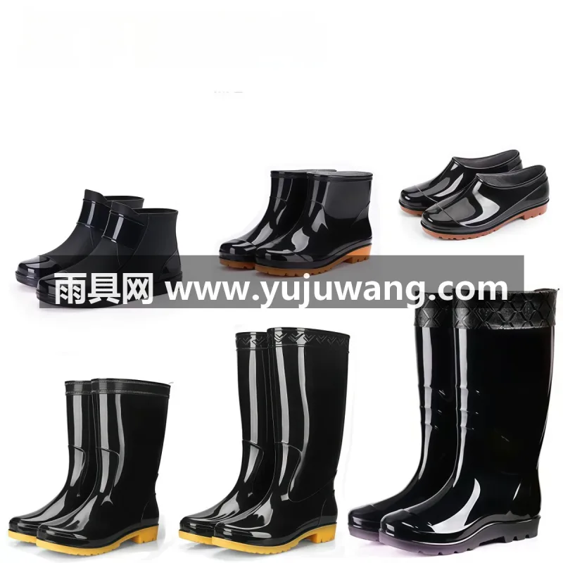 PVC塑胶材质 · 上乘牛筋底 · 轻薄透气内衬 武汉大型雨具供应链供货男士全筒高雨鞋，涵盖短筒、中