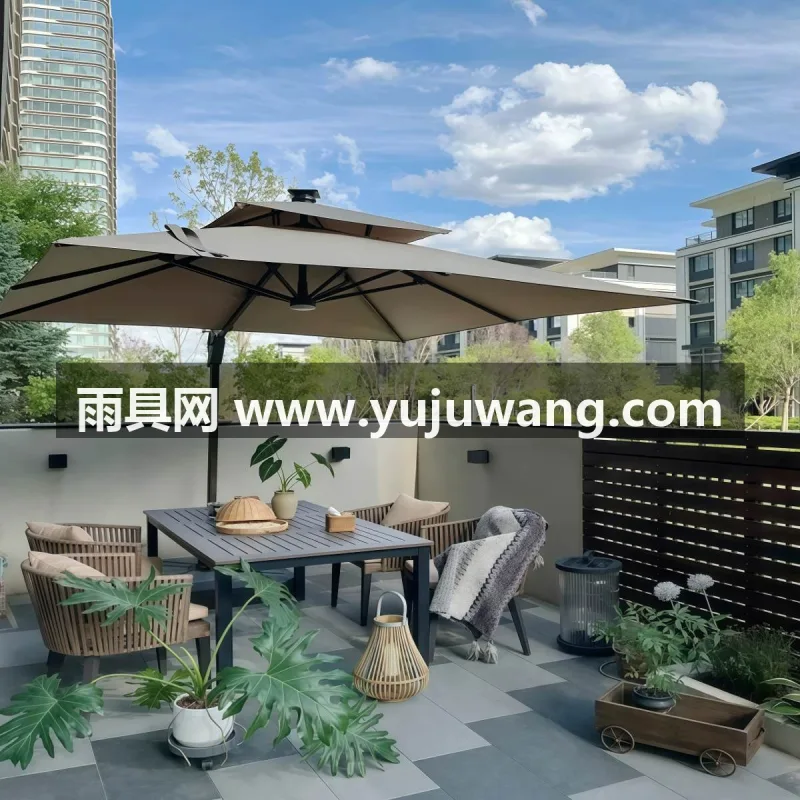 伞面280g色织布 · 电镀碳钢伞杆 · 省力摇杆设计 武汉雨具供应链服务，专业生产户外罗马遮阳伞，适用于