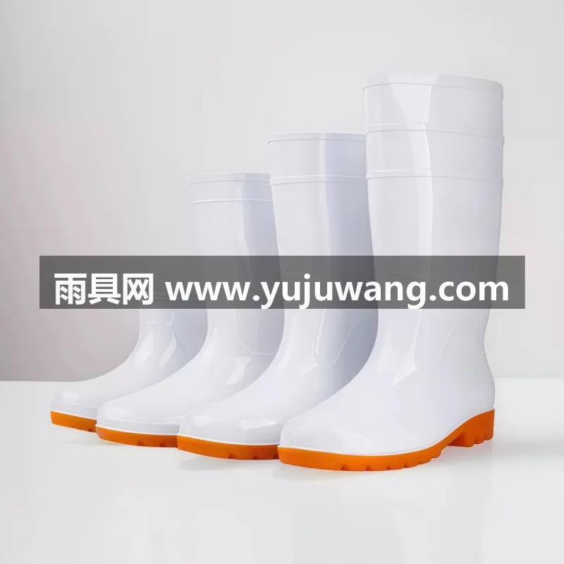 束口设计 · 加厚贴皮 · 加绒可拆卸 本款大码白色食品厂专用雨鞋，为武汉大型专业雨具源头