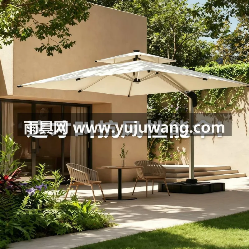 伞面250-300g高密度涤纶色织布 · 伞骨航空级6063-T5铝合金 · 伞杆加粗铝合金立柱 武汉本地生产户外罗马伞，采用高密度涤纶面料搭配 U