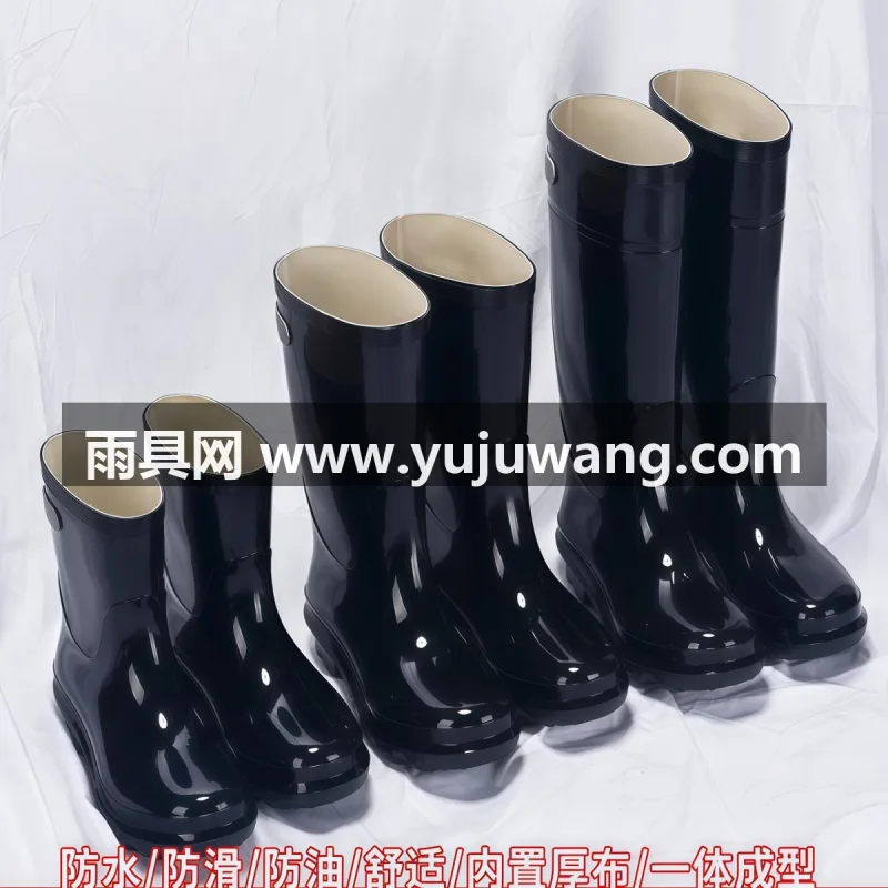 增高鞋跟 · 舒适内里 · 圆润鞋头 · 自带反光条 本款男士雨鞋为武汉大型专业雨具生产供应链供货核心产