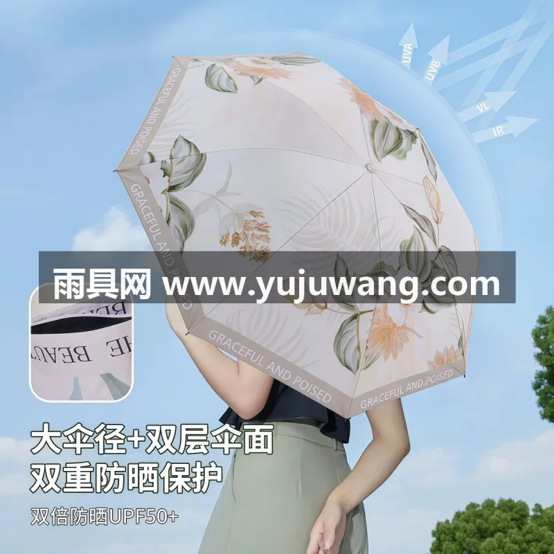 加厚黑胶防晒涂层UPF50+ · ABS防滑手柄 · 8骨加固伞骨抗风抗压 武汉专业大型雨具制造厂家，专注各类雨伞、太阳伞、户