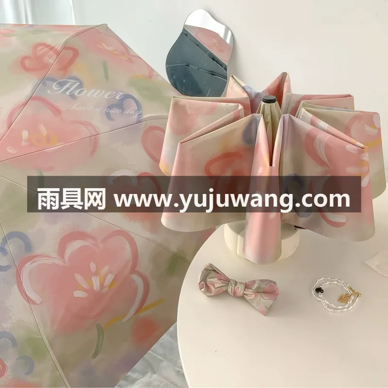 8骨加固玻纤抗风伞骨 · UPF50+高倍防晒标准 · 采用榉木实木防滑手柄 武汉专业大型雨具生产供应链供货原创油画风晴雨伞，专
