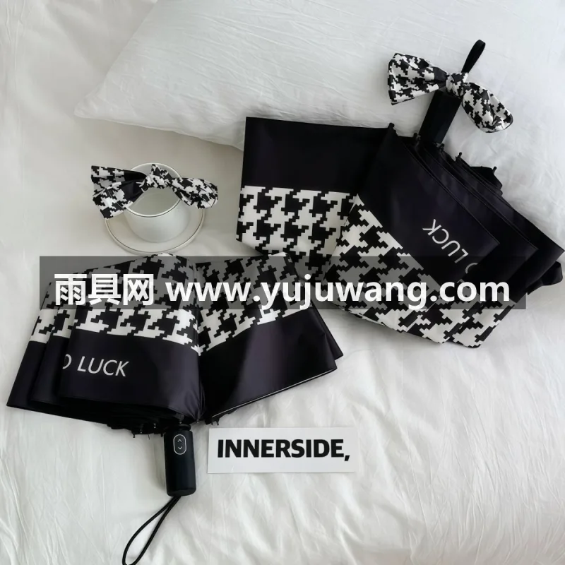 加厚黑胶 · 紫外线阻隔率99% · 科技涂层 · 抗风伞骨 武汉本地雨伞供应链服务直供高级感幸运千鸟格晴雨伞，
