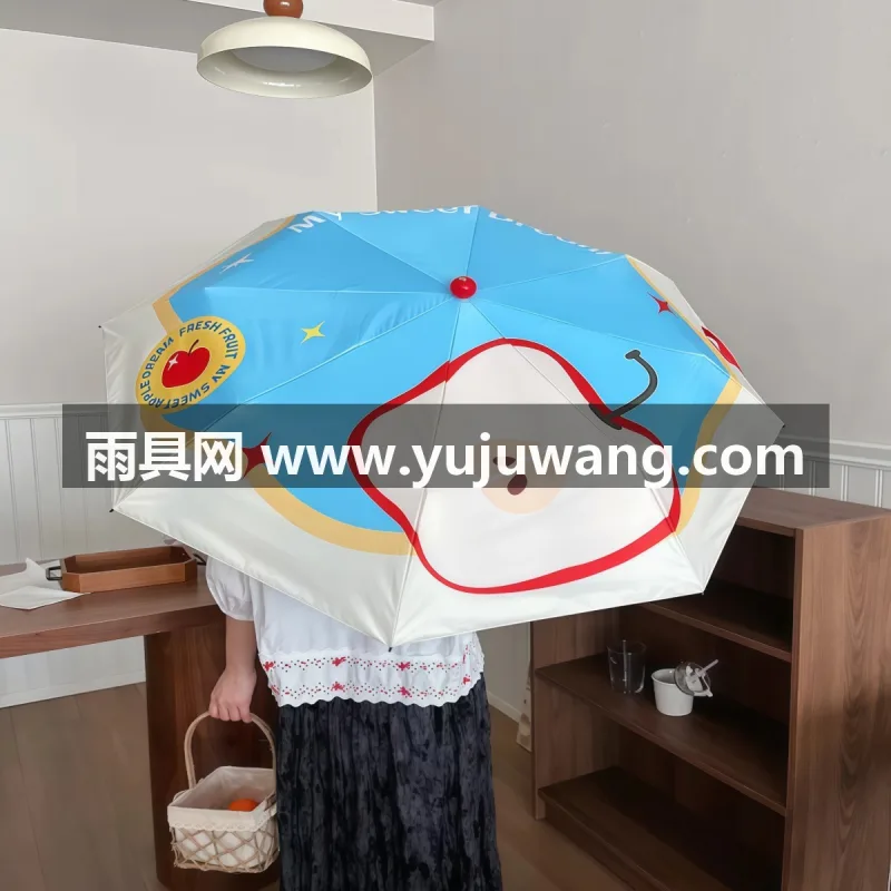 黑胶防晒 · 复合涂层 · 防紫外线 · 清凉防晒 武汉雨具供应链服务商直供苹果小红靴子手柄雨伞，创意