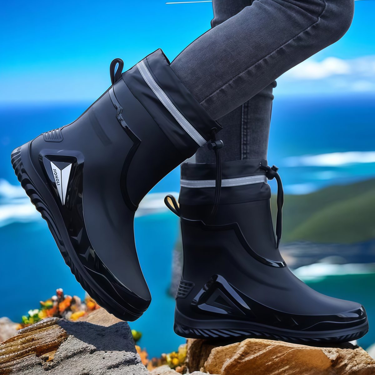 雨鞋男款防水束口钓鱼轻便水鞋绒套保暖防滑胶鞋平底外卖骑手雨靴