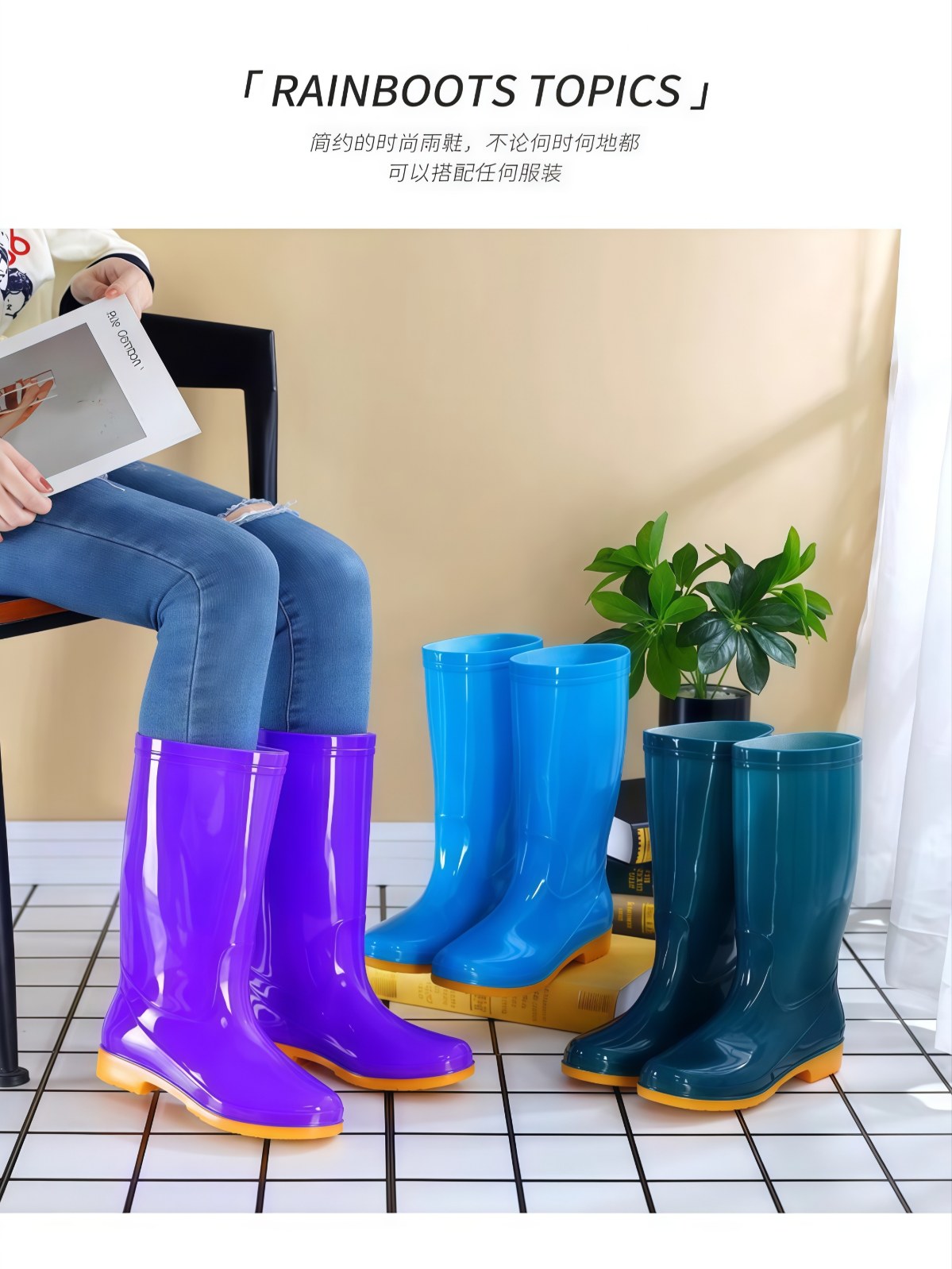 女士雨鞋高筒水鞋高帮防滑牛筋底雨靴劳保胶鞋可爱水靴子厨房成人 - 详情图