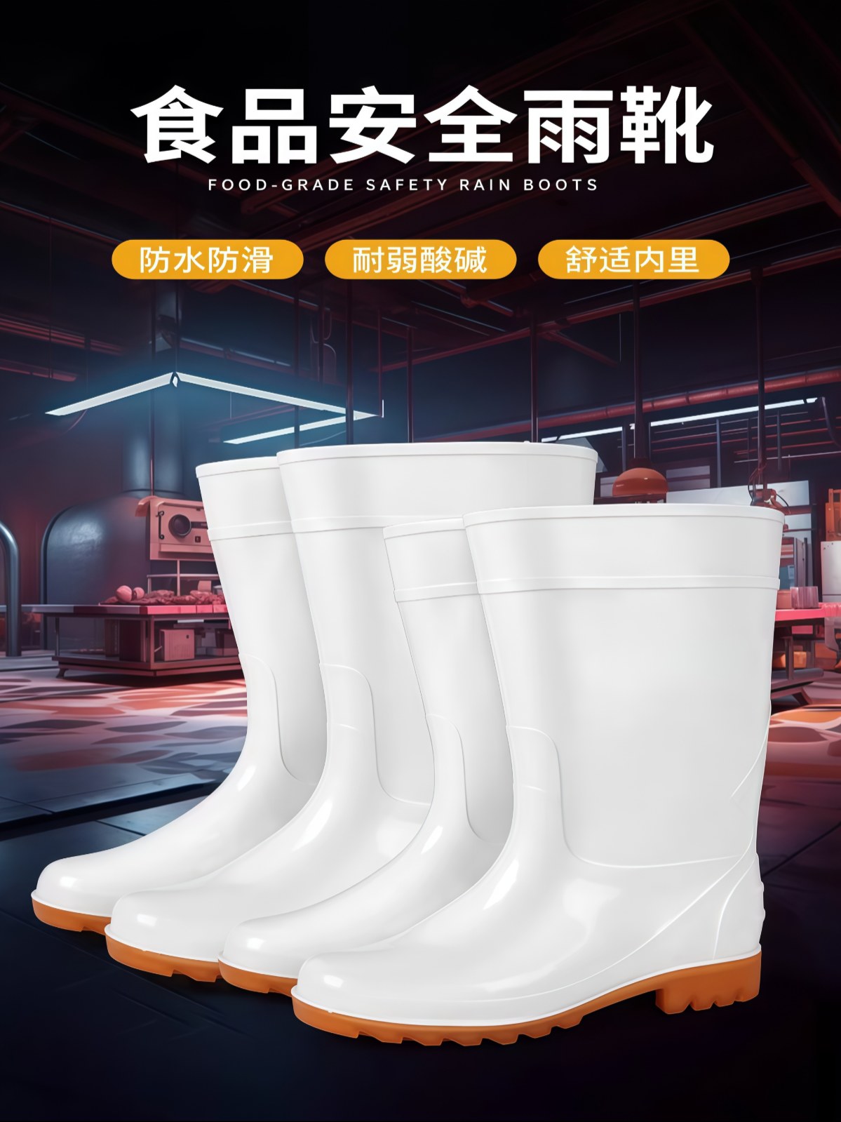 食品卫生靴子中高筒雨鞋防滑防水耐磨男女款白色防油耐弱酸碱工厂 - 详情图