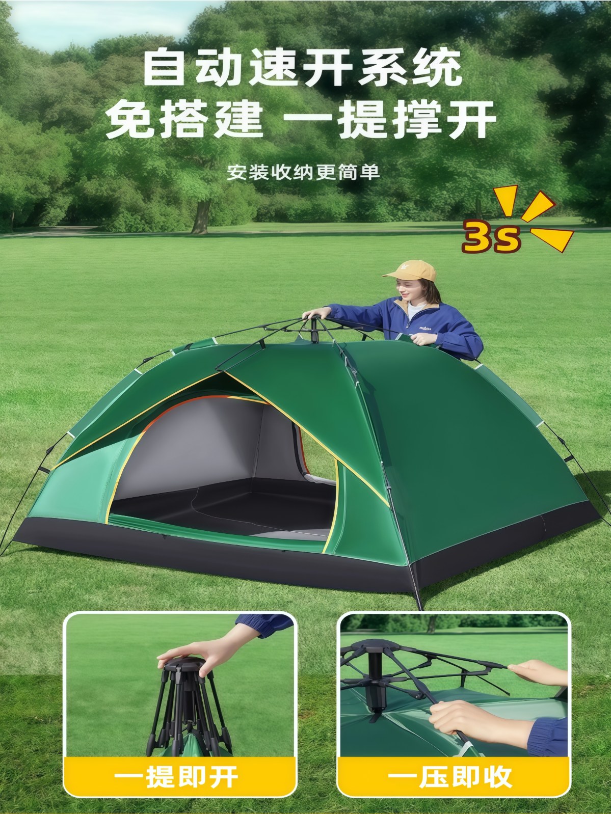帐篷户外便携式折叠野营过夜防风防晒单人全自动野外露营装备全套 - 详情图