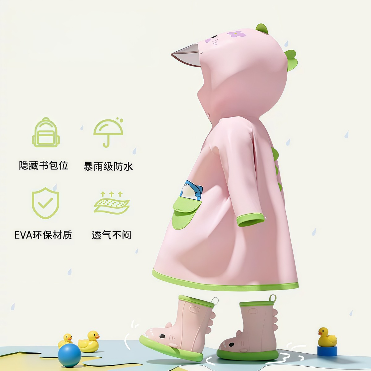 小萌鲨儿童雨衣雨鞋套装女童全身防水幼儿园专用带书包位宝宝雨披