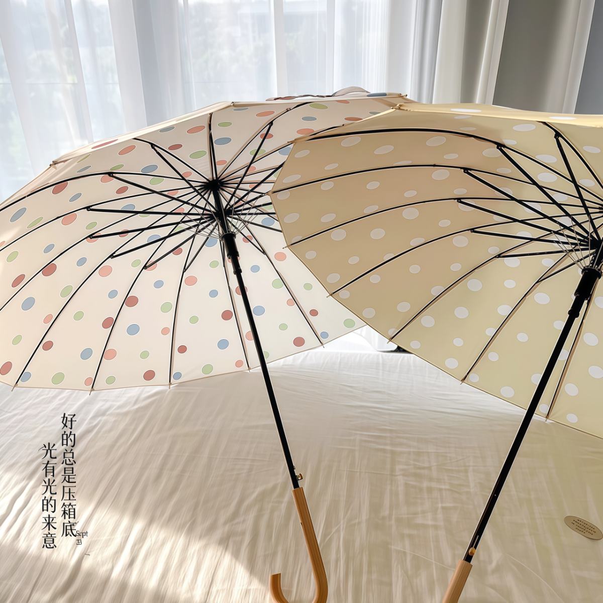 武汉雨具网·氛围韩系长柄波点伞16骨加大抗风晴雨两用太阳伞自动加固结实双人·产品图5