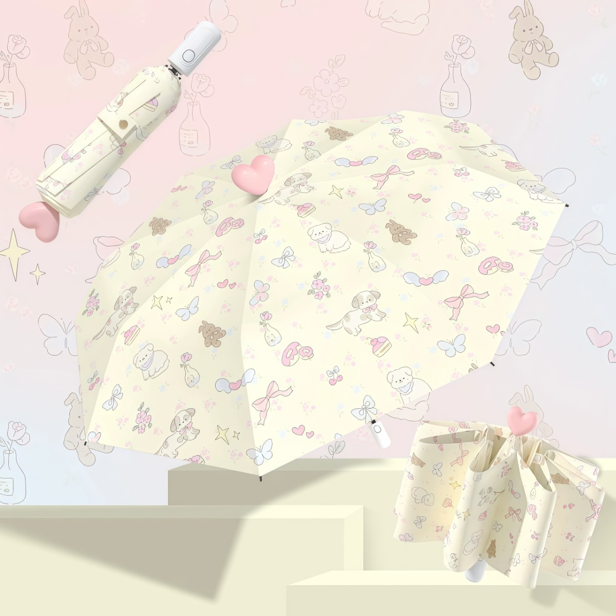 武汉雨具网·小碎花设计师爱心款太阳伞女晴雨两用防晒防紫外线全自动折叠雨伞·产品图4