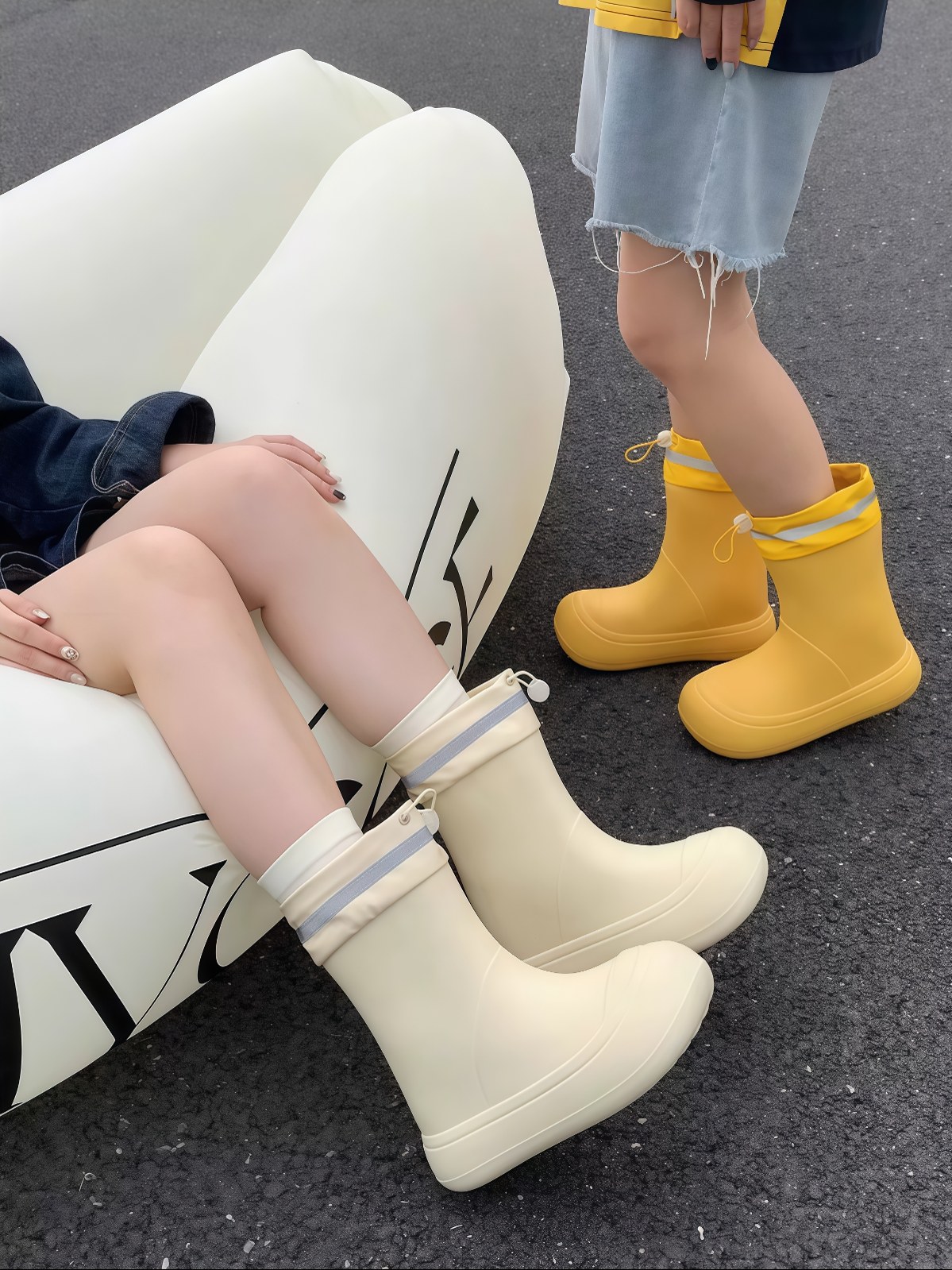 时尚外穿ins潮防水抽绳束口雨靴女四季通用亲子水筒靴雨鞋 - 详情图