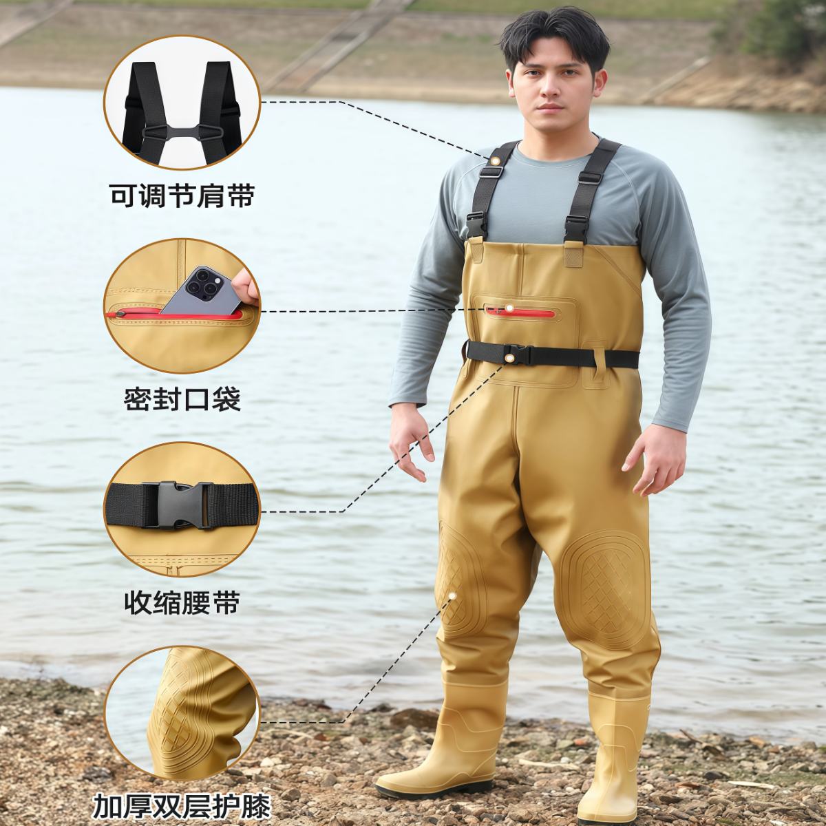 武汉雨具网·下水裤连体雨裤带雨鞋半身防水衣服赶海捕鱼抓鱼全身皮叉加厚耐磨·产品图3