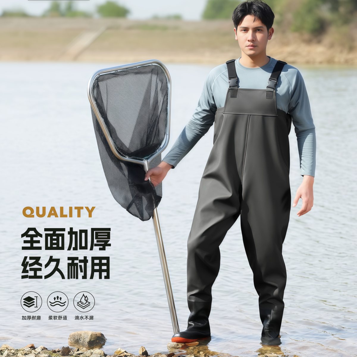 武汉雨具网·下水裤连体雨裤带雨鞋半身防水衣服赶海捕鱼抓鱼全身皮叉加厚耐磨·产品图6