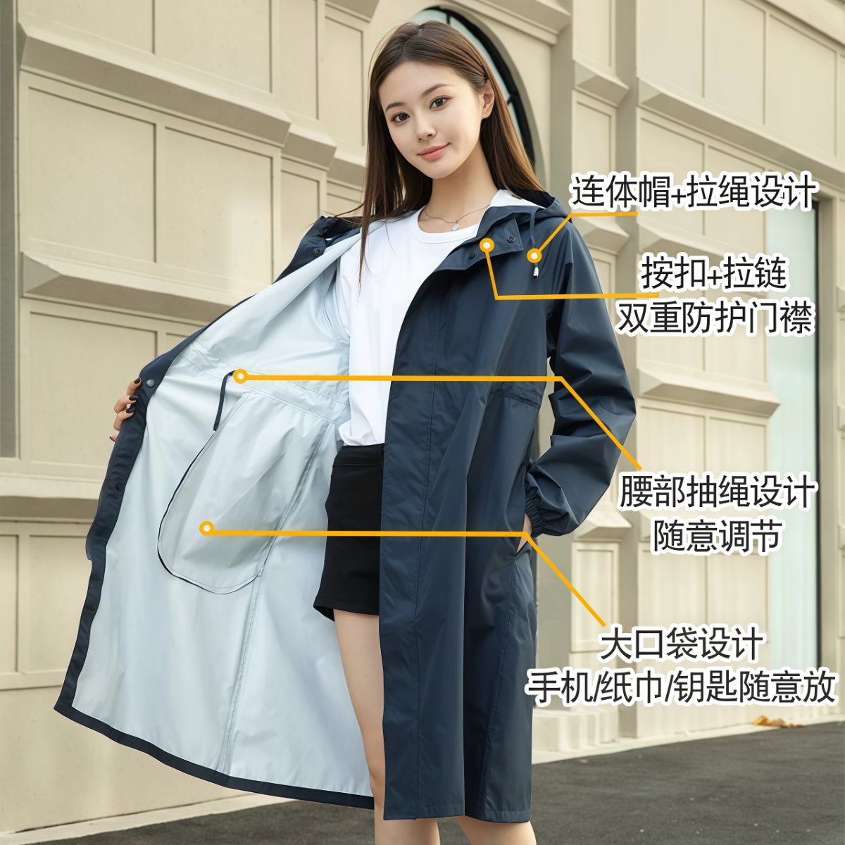 武汉雨具网·防暴雨成人雨衣男女外套时尚徒步长款拉链防水风衣全身户外雨披潮·产品图5