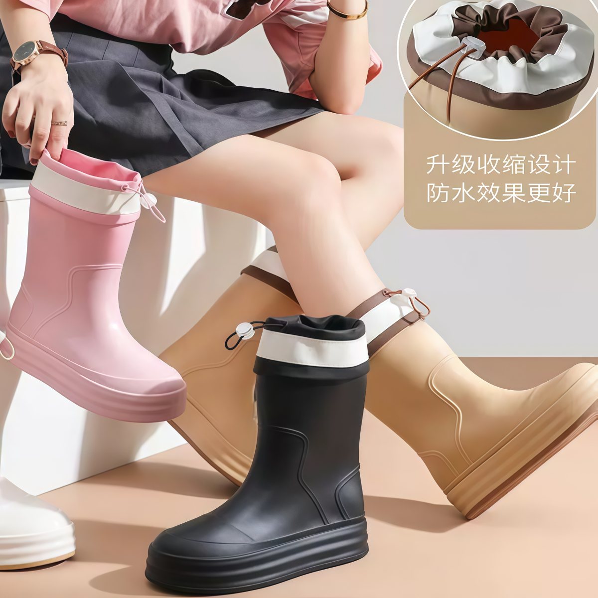 武汉雨具网·女款中筒雨鞋外穿胶鞋防滑加绒防水鞋厨房雨靴水靴·产品图3