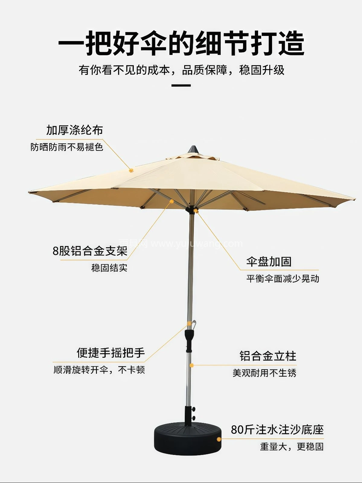 户外遮阳伞庭院花园伞铝合金中柱伞民宿酒店室外露台太阳伞 - 详情图